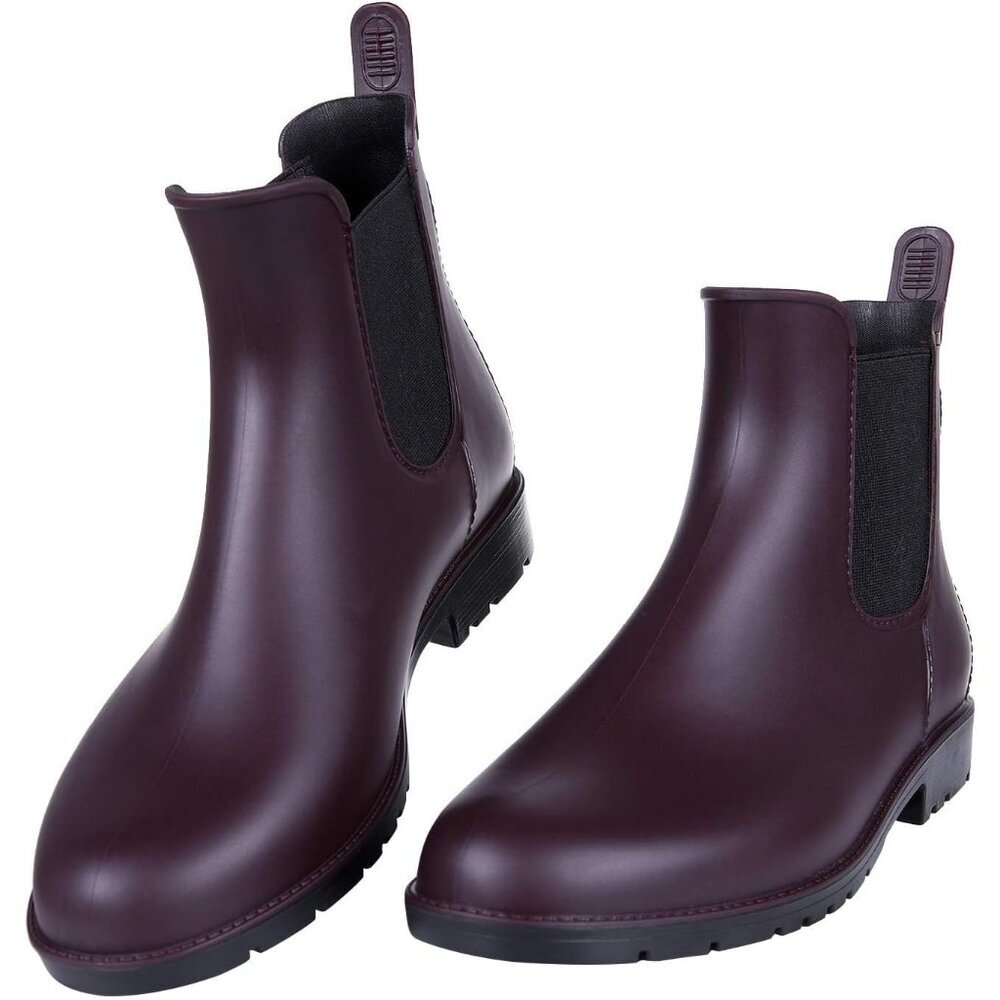 Women's Burgundy Pointed Toe Waterproof Chelsea Double Elastic Ankle Rain Boots